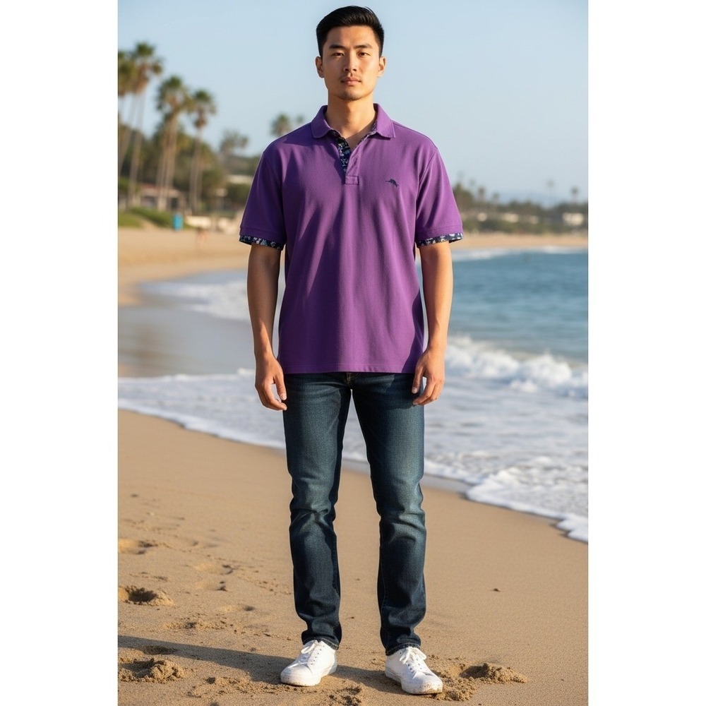 Tommy Bahama IslandZone Men Purple Supima Cotton Blend Tropical Trim Polo Size L